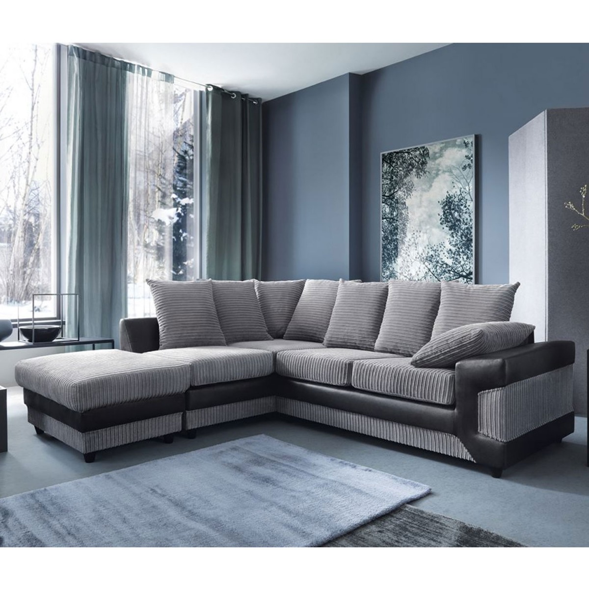 ERITREA Jumbo Cord 5 Seater L Shaped - Left Hand Facing Corner Sofa - Black and Charcoal
