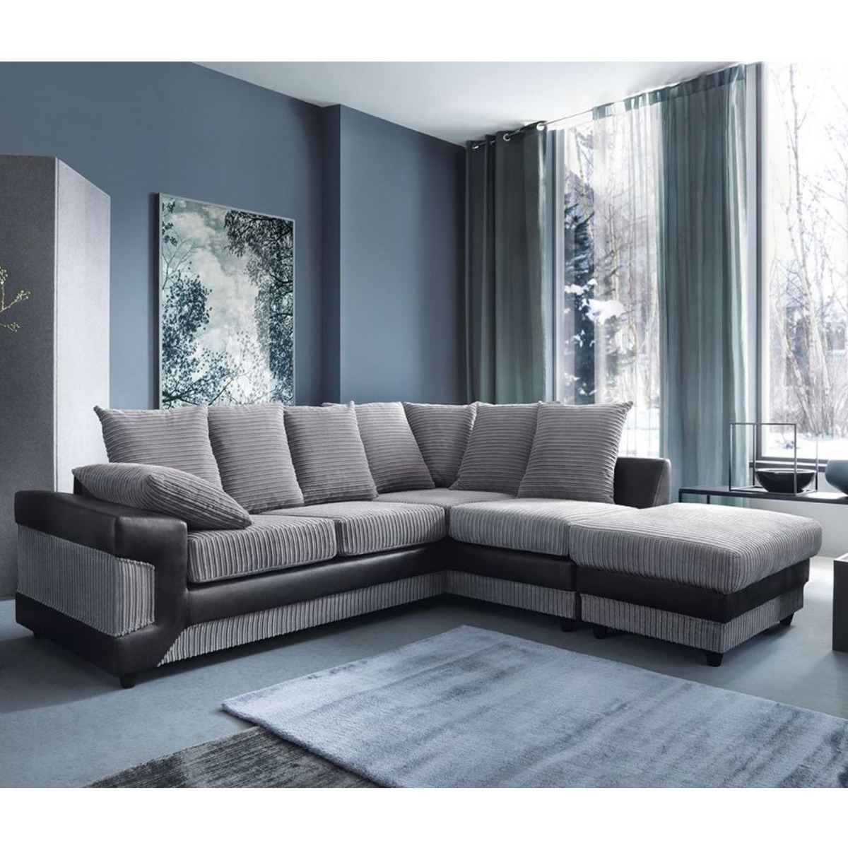 ERITREA Jumbo Cord 5 Seater L Shaped - Right Hand Facing Corner Sofa - Black and Charcoal