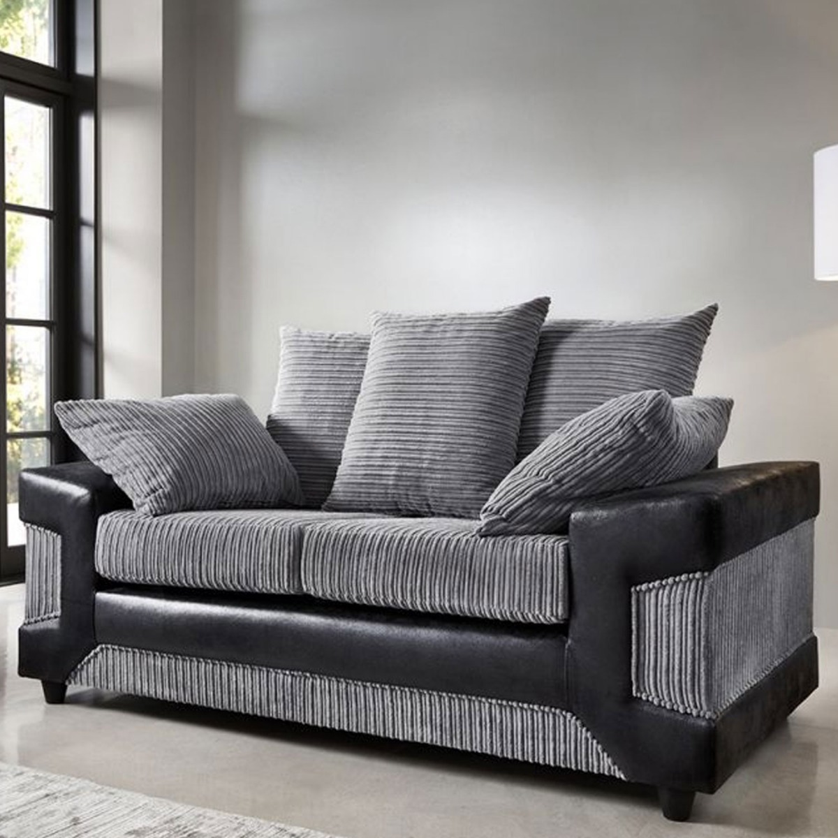 ERITREA Jumbo Cord 2 Seater Scatterback Sofa - Black and Charcoal