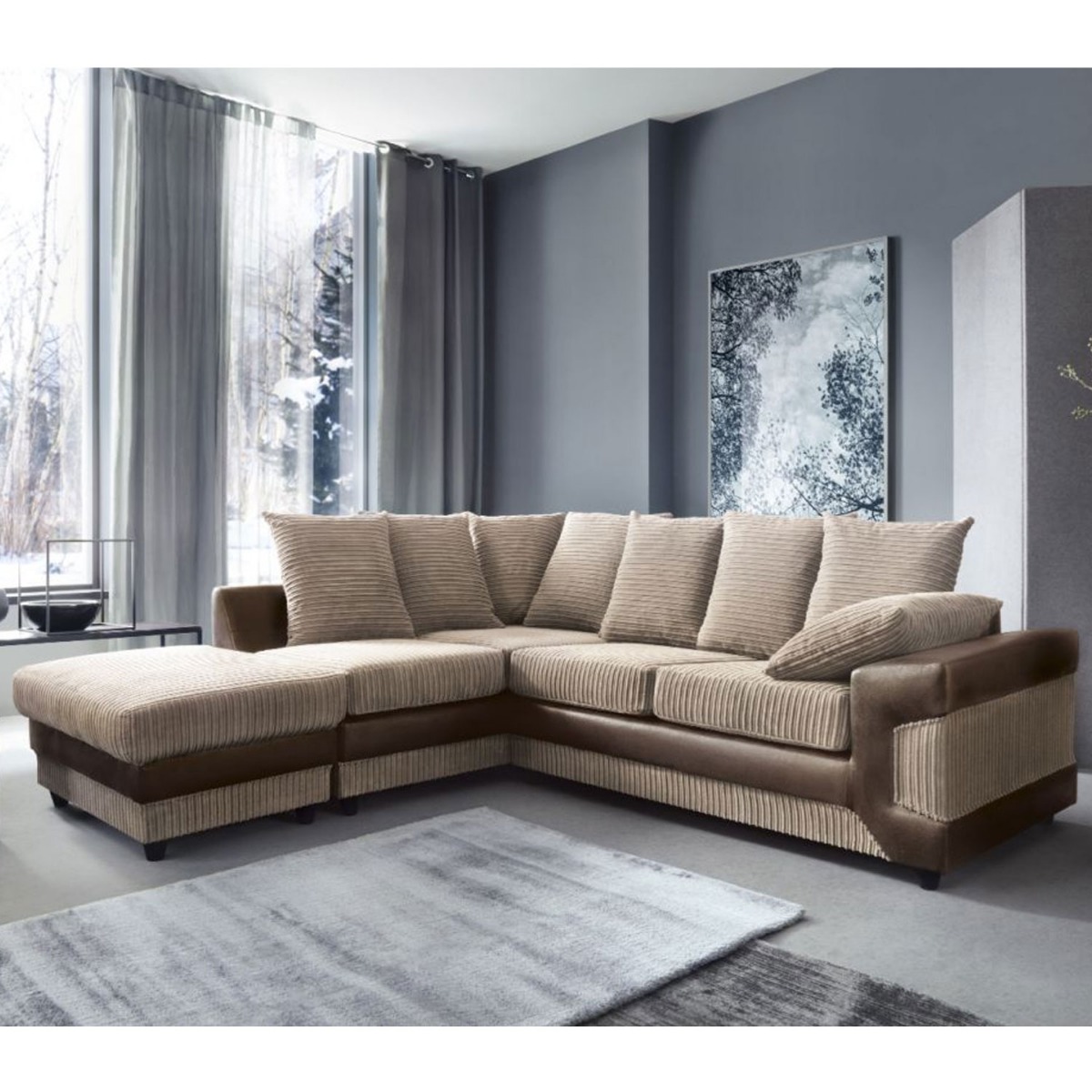 ERITREA Jumbo Cord 5 Seater L Shaped - Left Hand Facing Corner Sofa - Brown and Beige