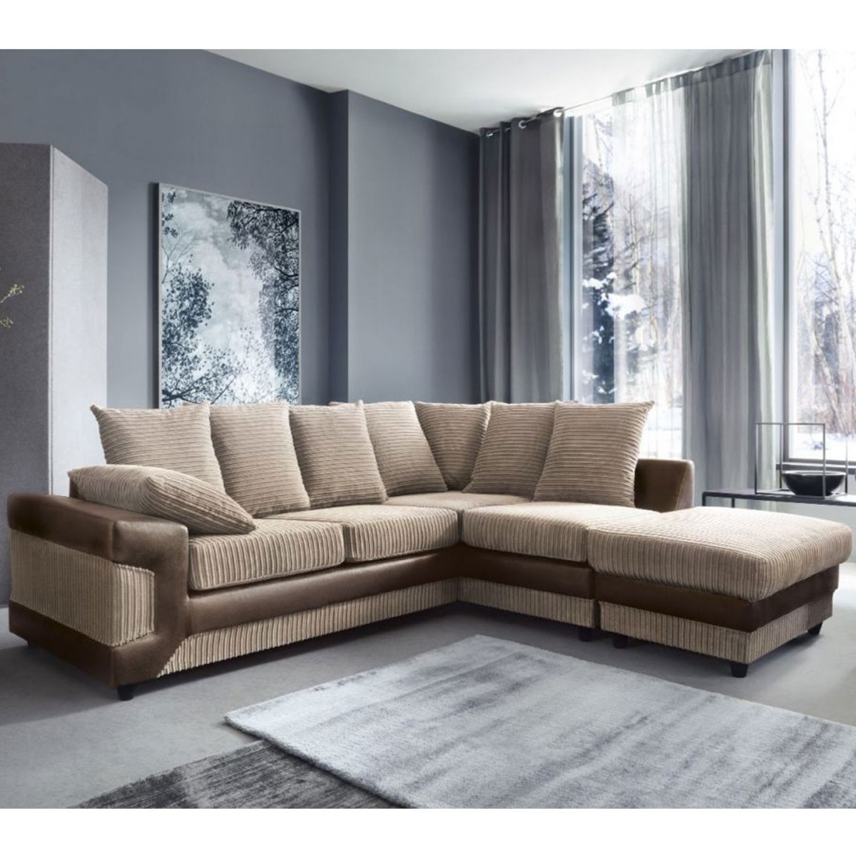 ERITREA Jumbo Cord 5 Seater L Shaped - Right Hand Facing Corner Sofa - Brown and Beige