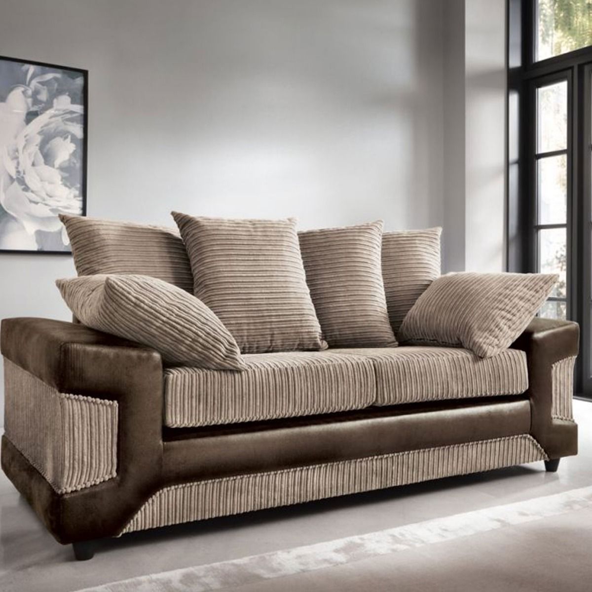ERITREA Jumbo Cord 3 Seater Scatterback Sofa - Brown and Beige