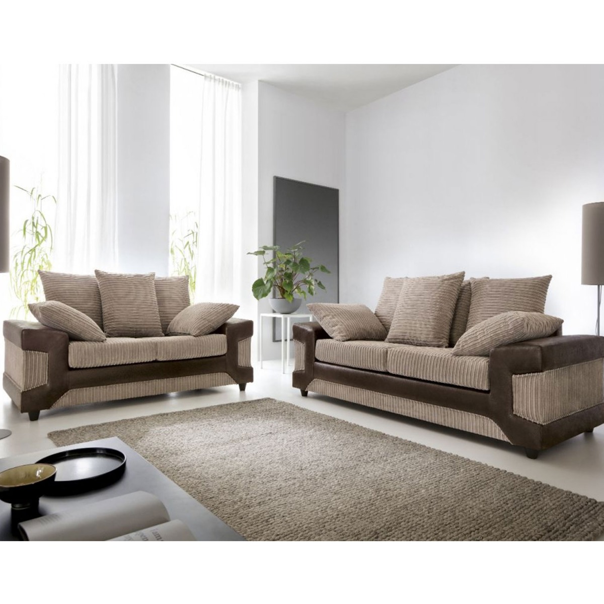 ERITREA Jumbo Cord 3 and 2 Seater Scatterback Sofa Set - Brown and Beige