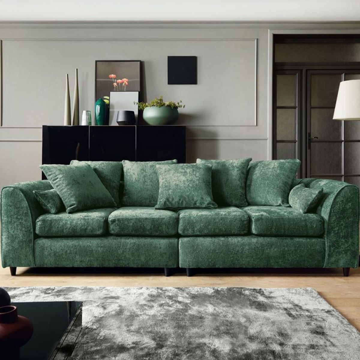 GILLIVER Crushed Chenille Fabric 4 Seater Scatterback Sofa - Rifle Green