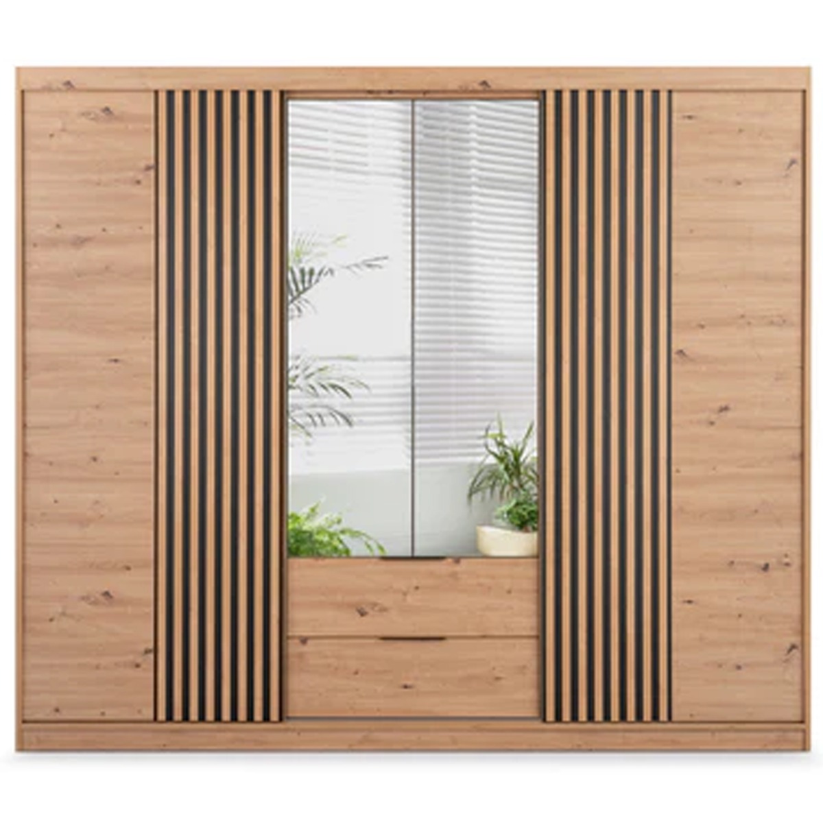 MAJO 4 Door Mirrored Wardrobe with 2 Drawers Medium Oak - 250cm