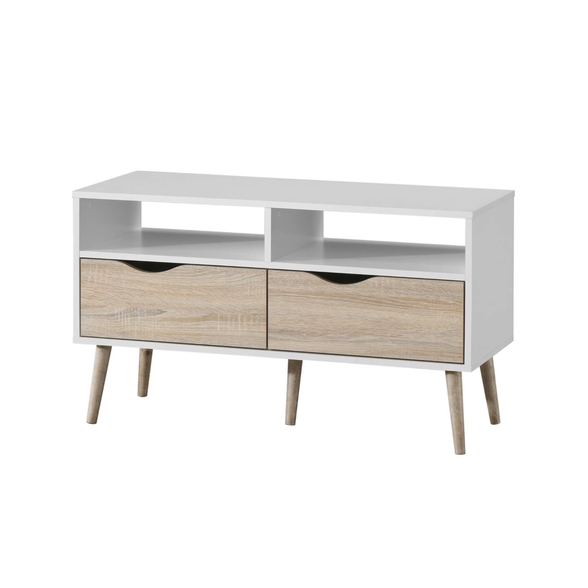 Ketchikan Small TV Cabinet with 2 Drawers and Open Shelves Antique Elegance in White and Oak with Rubberwood Legs