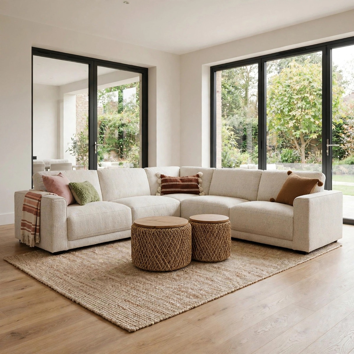 COMBE Large Fabric 5 Seater L Shaped Corner Sofa - Beige
