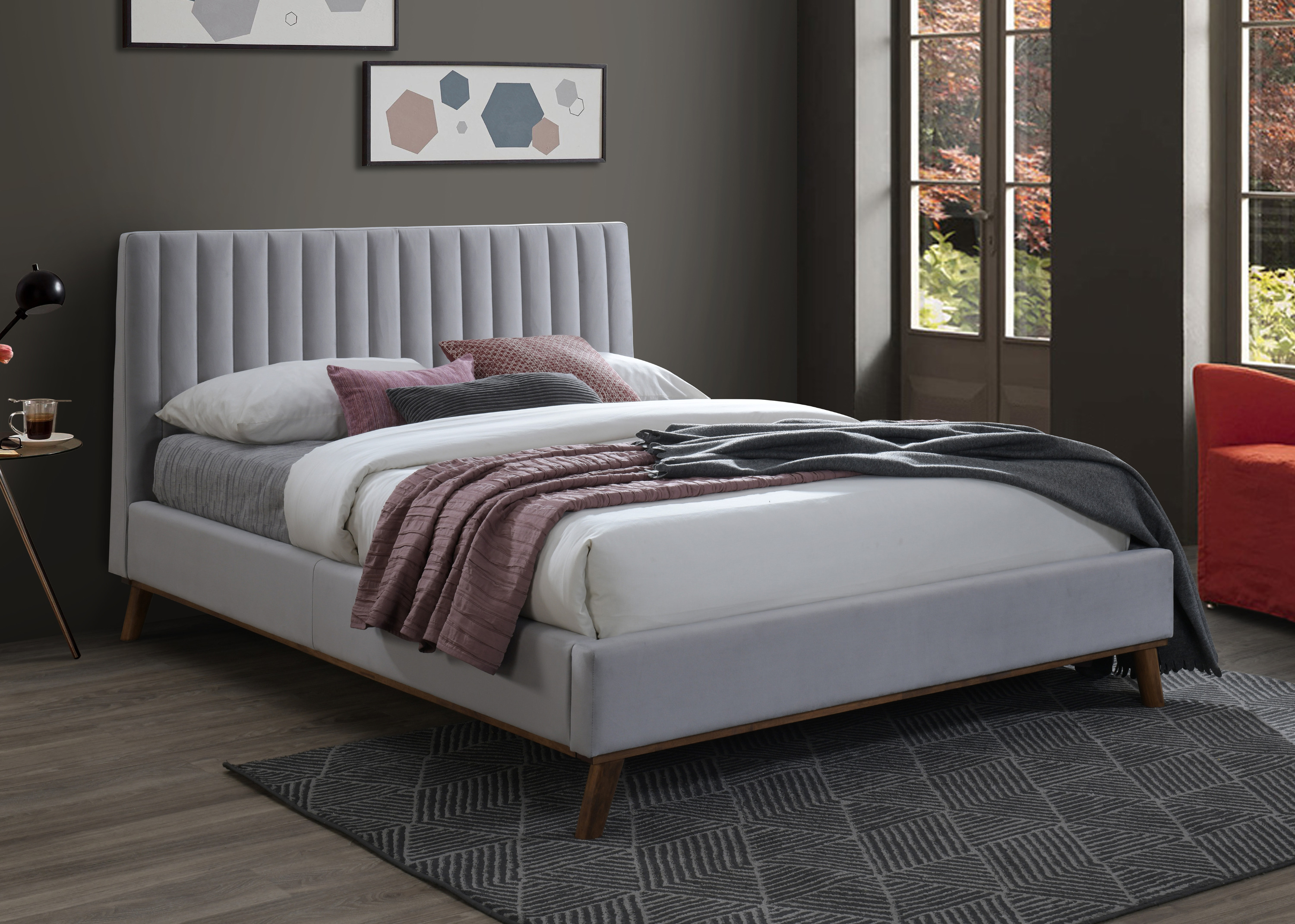 Double Bed - AESTON 4ft6 Fabric Bed Light Grey