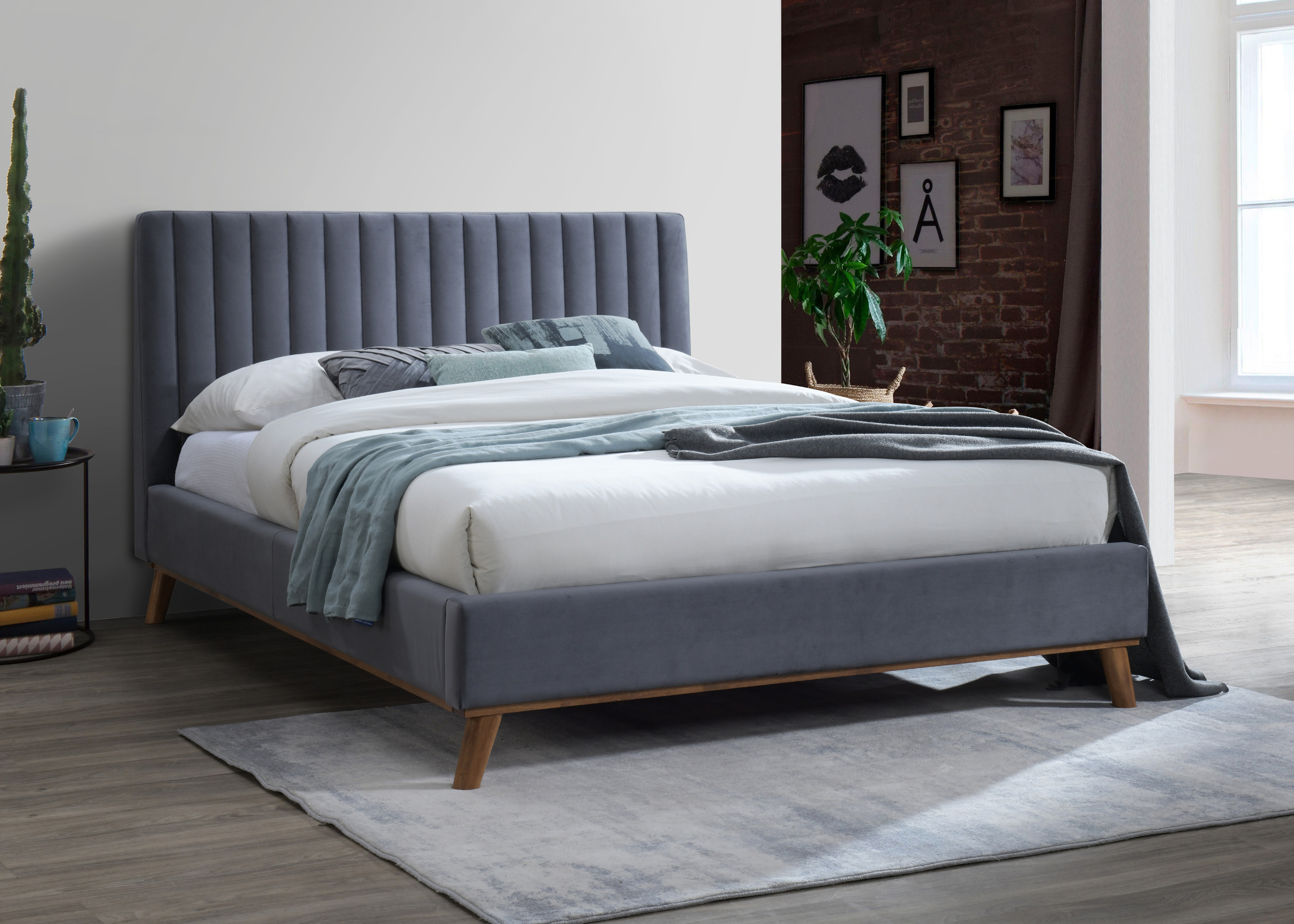 Double Bed - AESTON 4ft6 Fabric Bed Dark Grey