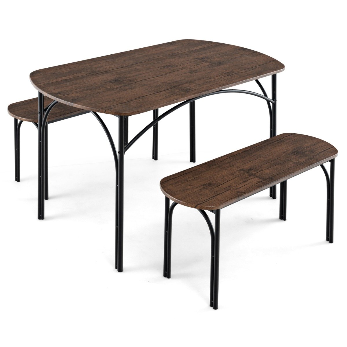 Dining Table Set - 120cm Space Saving Kitchen table set with Wooden Table and 2 Benches-Brown