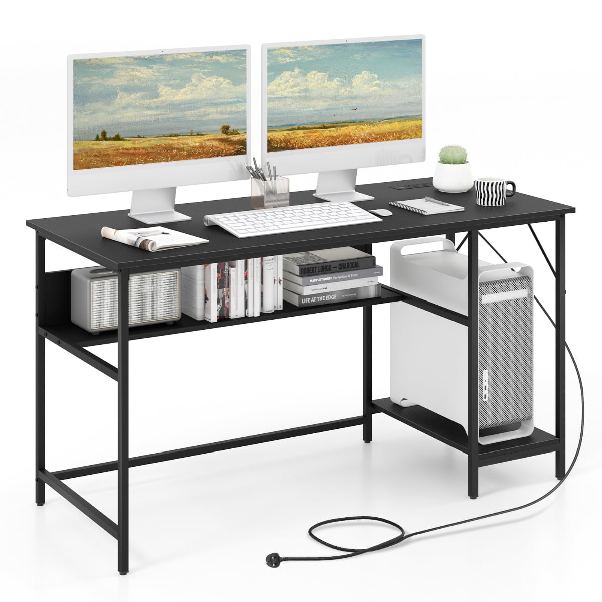 XIVENA 140x60cm Computer Desk with Charging Station, 4 Outlets & 2 USB Ports-Black