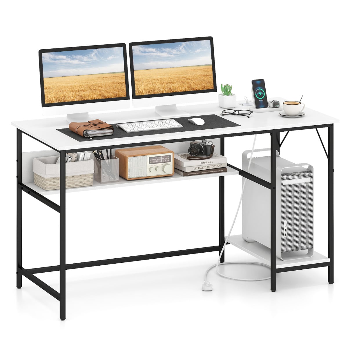 XIVENA 140x60cm Computer Desk with Charging Station, 4 Outlets & 2 USB Ports-White