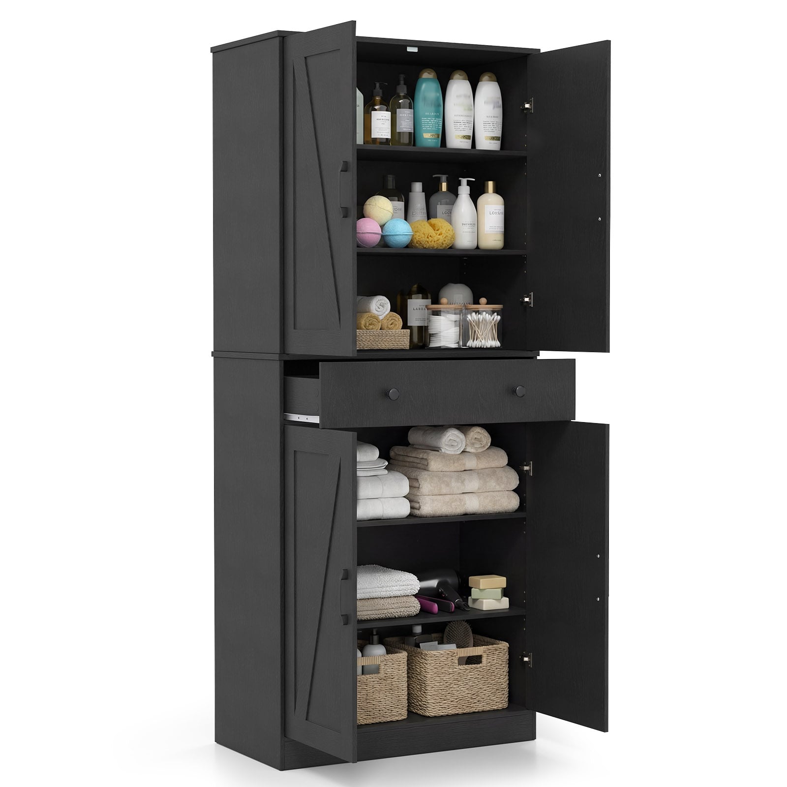 183cm Tall Kitchen Pantry with 4 Barn Doors and 3 Adjustable Shelves-Black