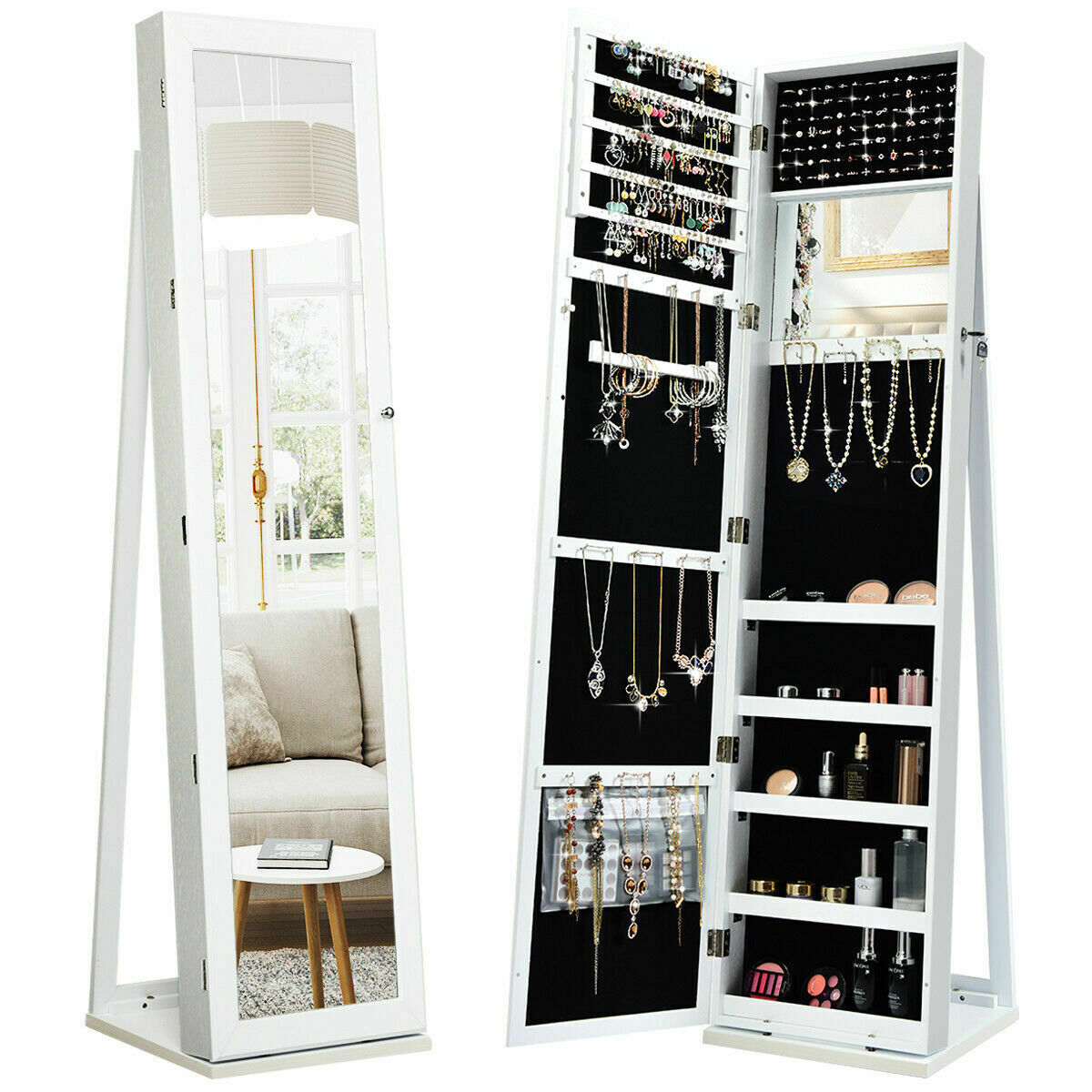 3-in-1 Mirrored Jewelry 360 Swivel Armoire with Display Shelves - White