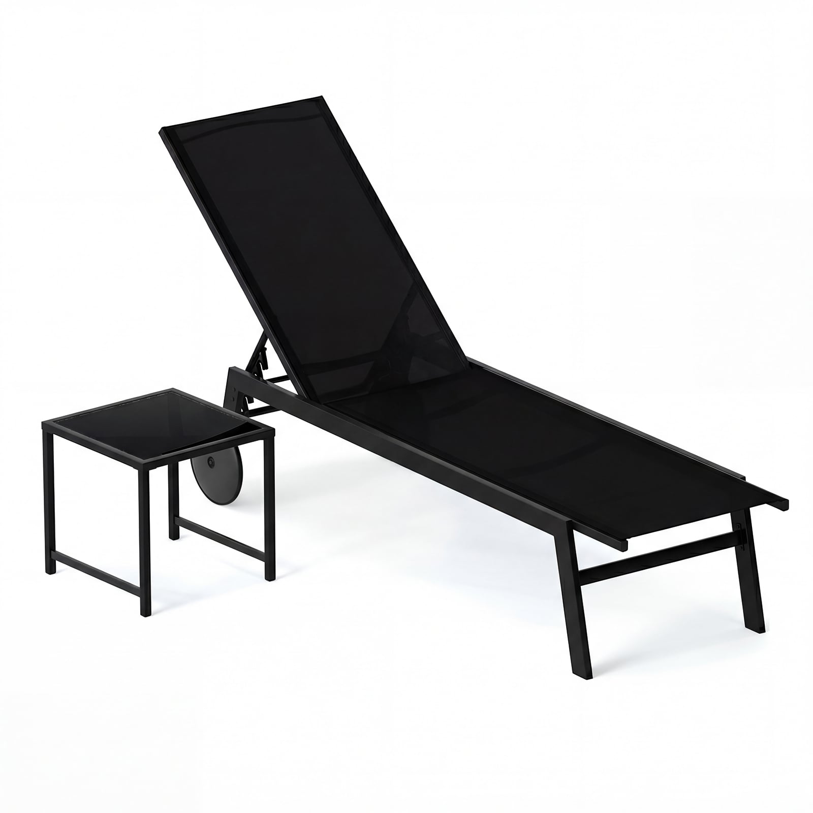 ULOR 2-Piece Patio Chaise Lounge Set with Tempered Glass Table and Wheels-Black