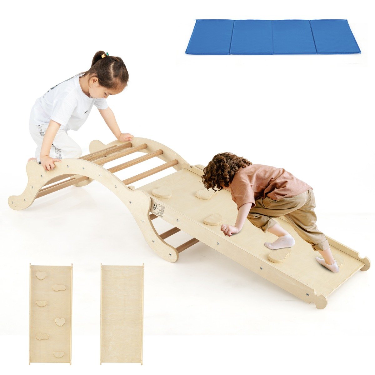 MYULEL 3-In-1 Wooden Climber with Ramp Toddler Climber Arch-Natural