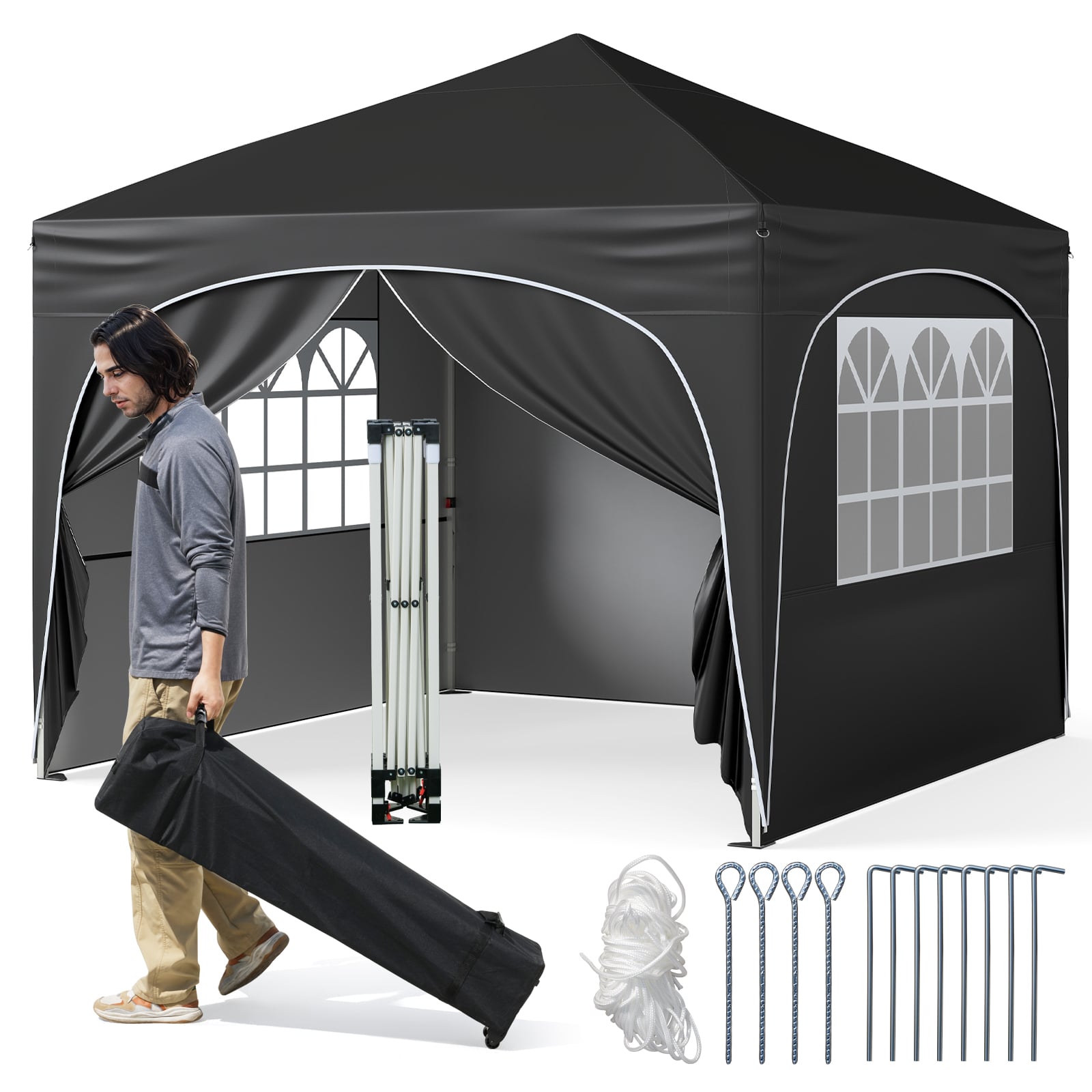 300 x 300cm Pop up Canopy Tent with 4 Removable Sidewall and Wheeled Bag-Black
