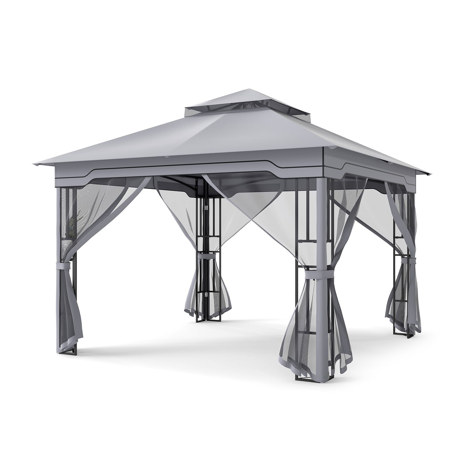 330 X 330cm Double Roof Soft Top Patio Gazebo with Zippered Mesh Netting-Gray