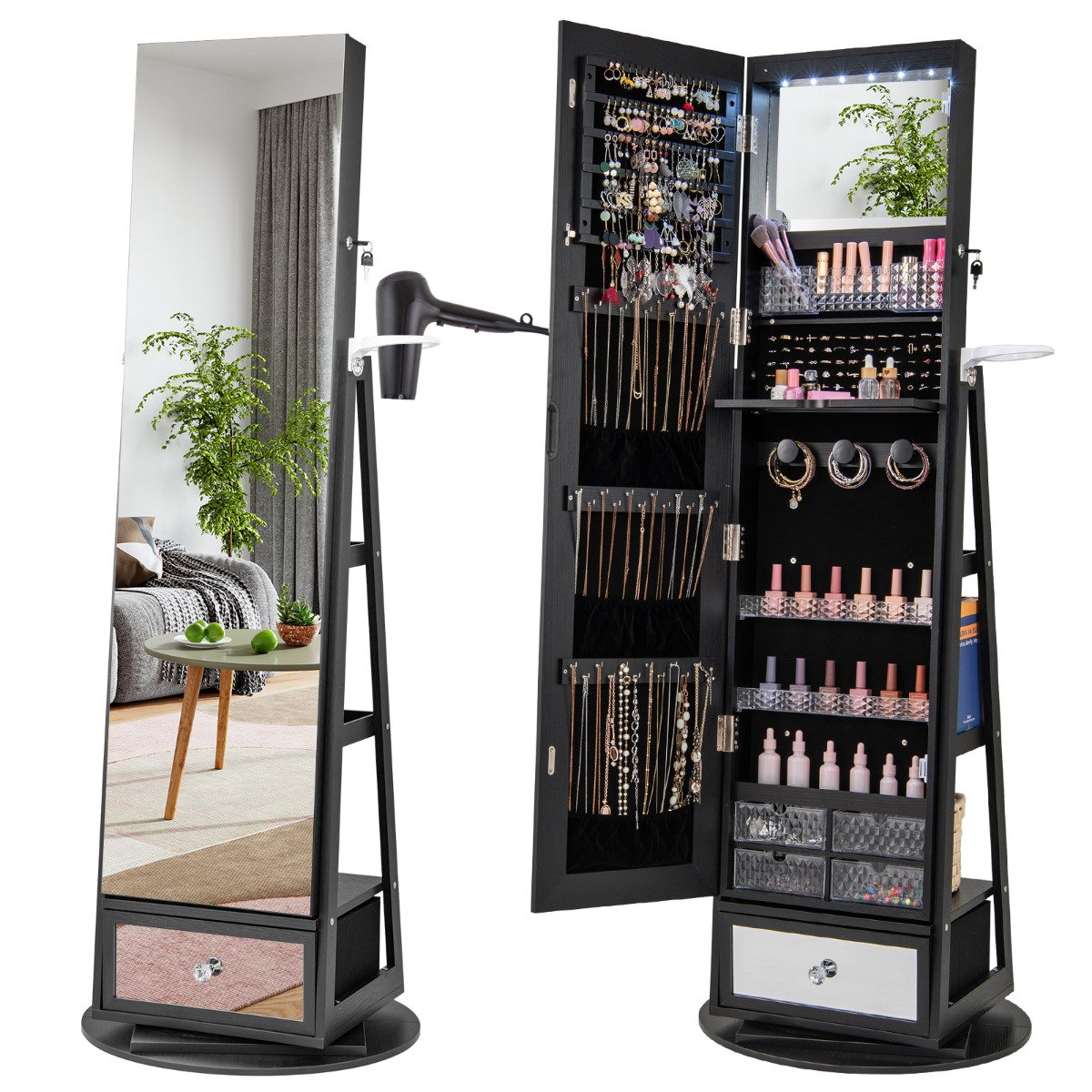 ELBERTH 360° Swivel Lockable Jewelry Armoire Cabinet with Full-Length Mirror-Black