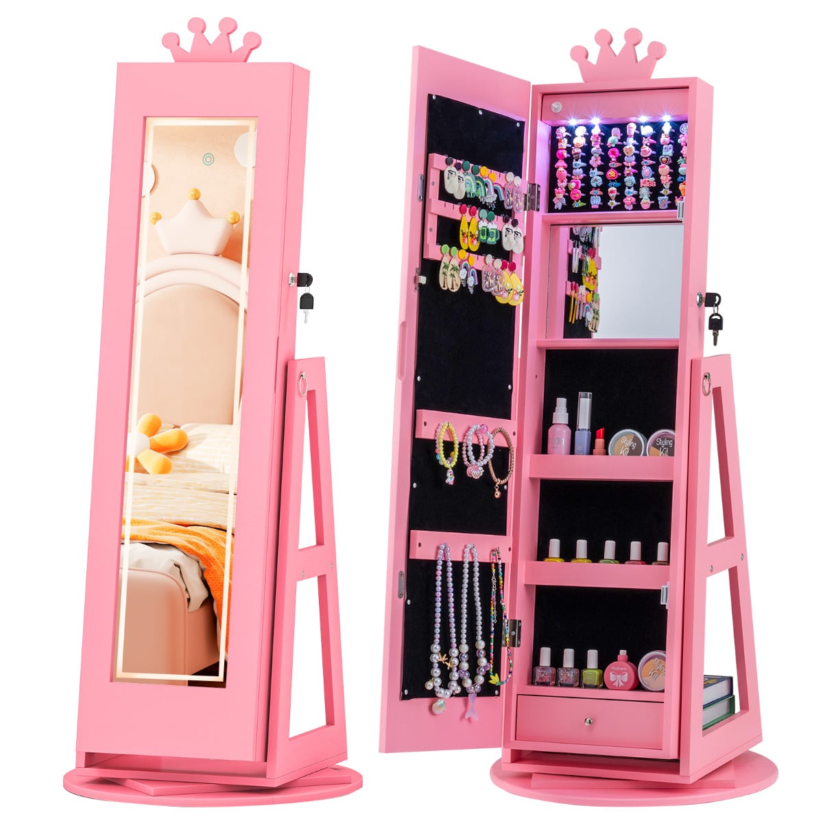 ZVENA 3 In 1 Kids Jewelry Cabinet 360degree Swivel Jewelry Armoire with Mirror-Pink