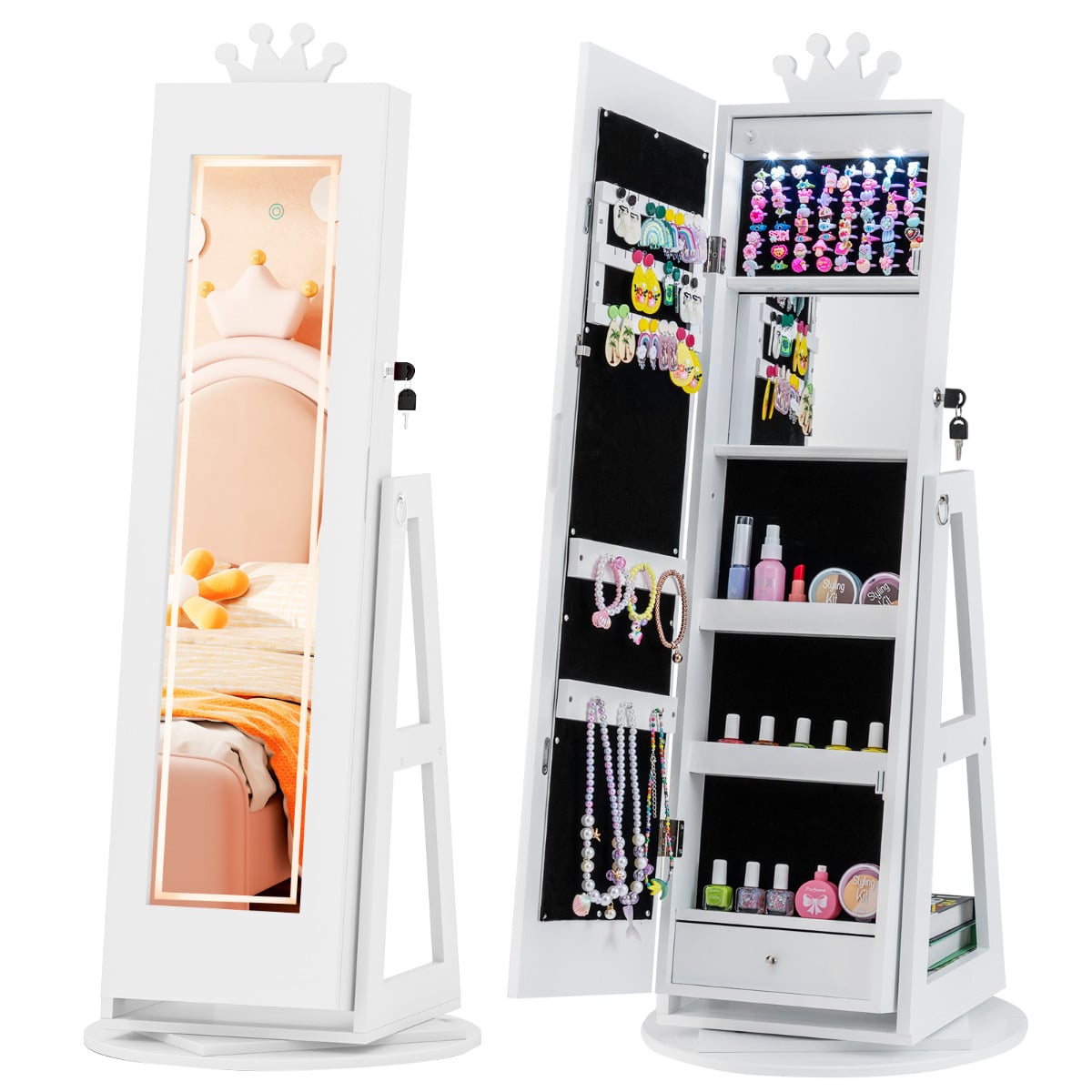 ZVENA 3 In 1 Kids Jewelry Cabinet 360degree Swivel Jewelry Armoire with Mirror-White