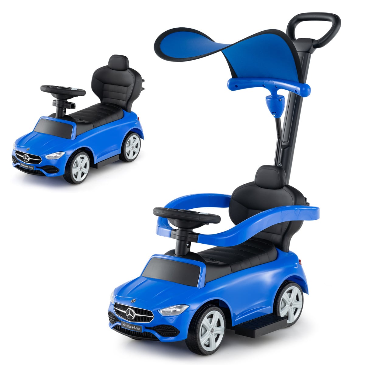 ELON 3-in-1 Ride on Push Car with Adjustable Canopy and Steering Push Bar-Navy