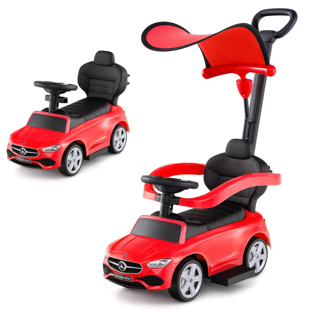 ELON 3-in-1 Ride on Push Car with Adjustable Canopy and Steering Push Bar-Red