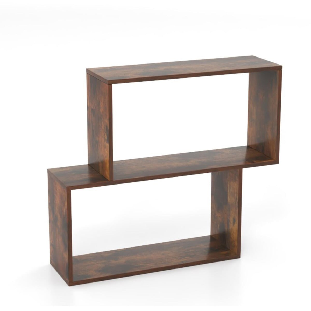 GRENTHOR 3-Tier Geometric Bookshelf Freestanding Wooden Bookcase with 2 Cubic Compartments-Rustic Brown