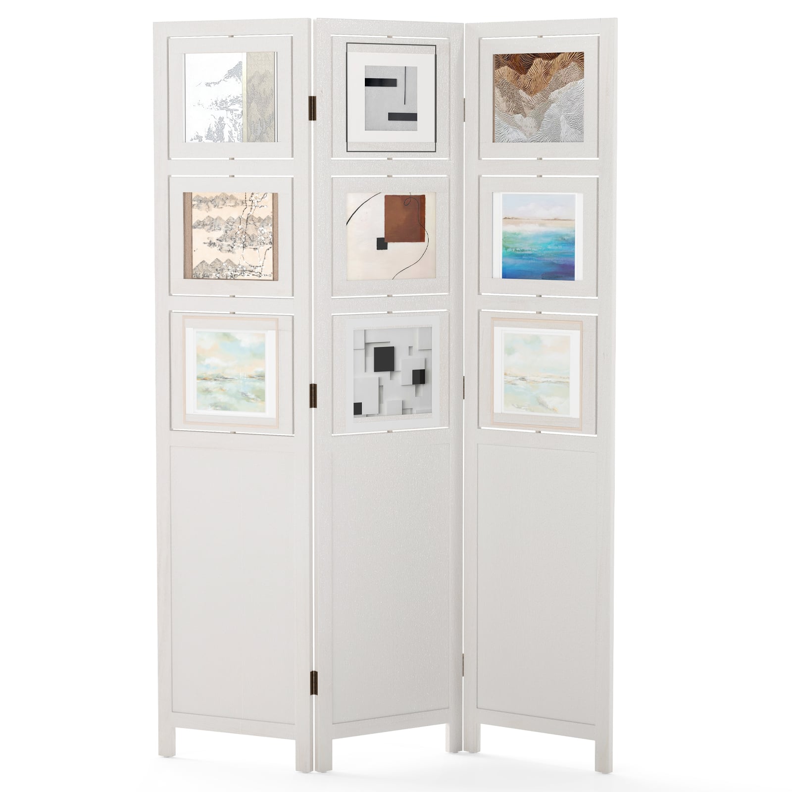 4-Panel Faux Linen Room Divider with Storage Bags Folding Privacy Screen-White