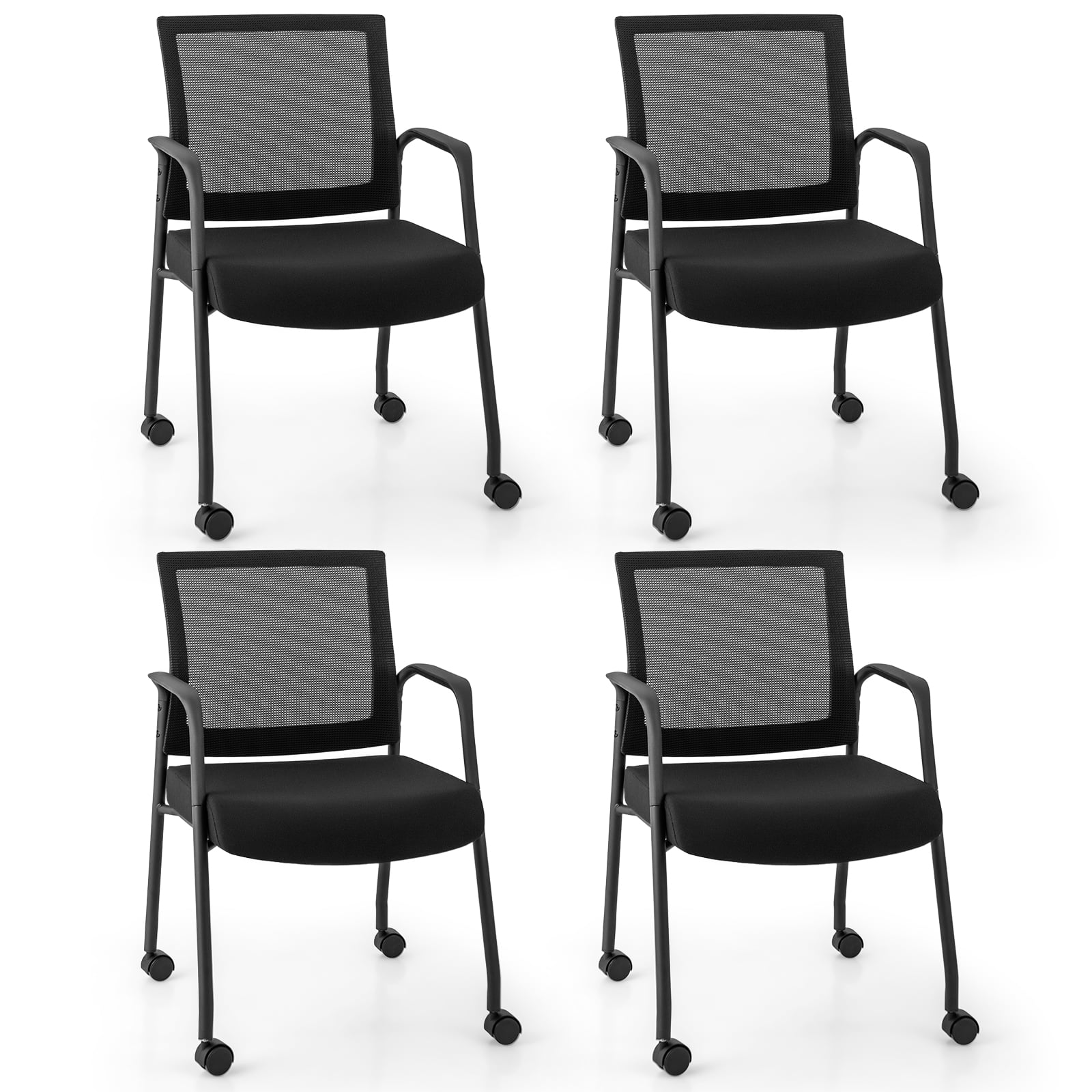 4 Pieces Office Guest Chairs on Wheels-Black