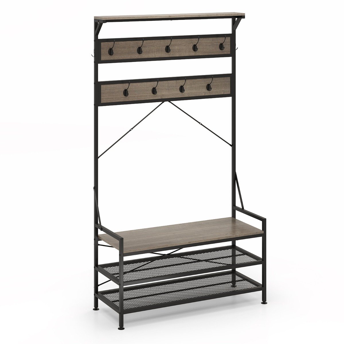 RAVAMY 4-In-1 Coat Rack with 11 Hanging Hooks and Shoe Bench for Mudroom-Grey