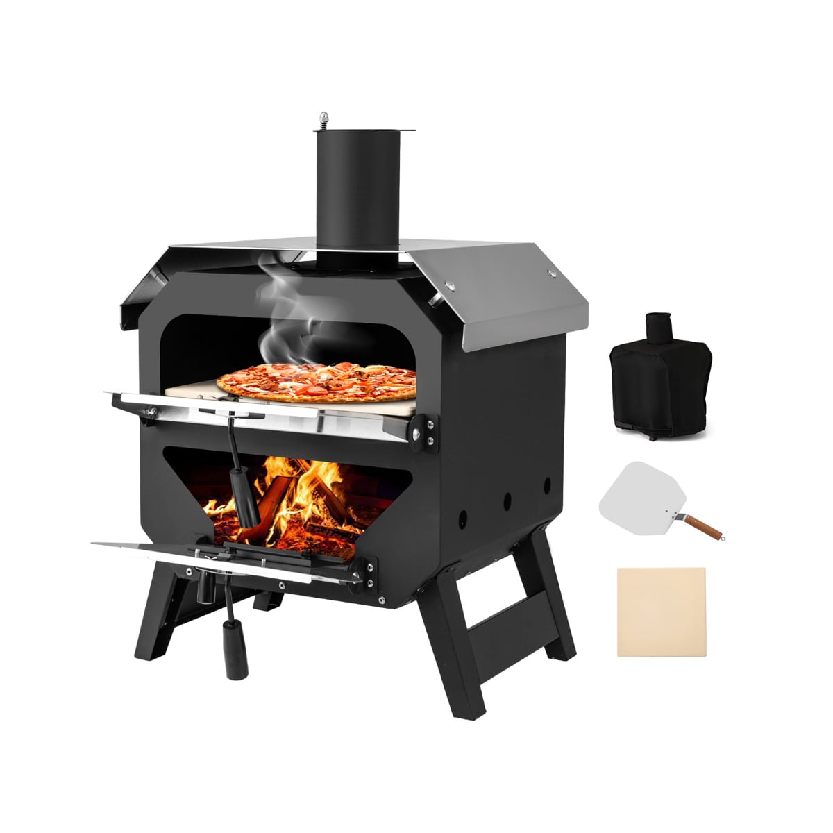 45cm Outdoor Pizza Oven with Pizza Stone and Oxford Cloth Cover-Black