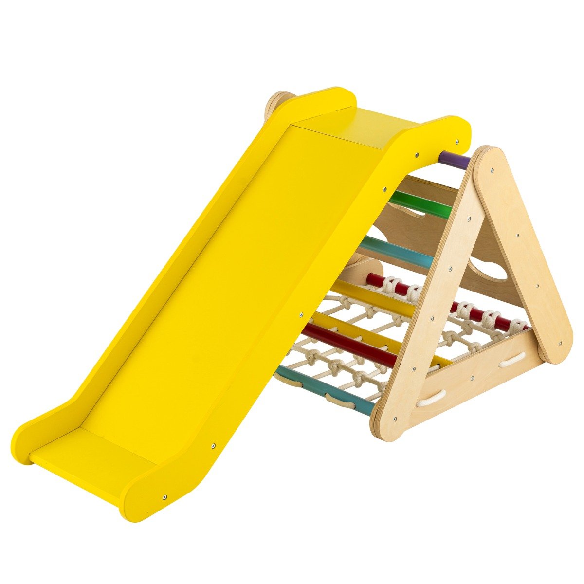 OVIVUR 4 in 1 Toddler Wooden Triangle Climber with Ramp and Sliding Board-Multicolor