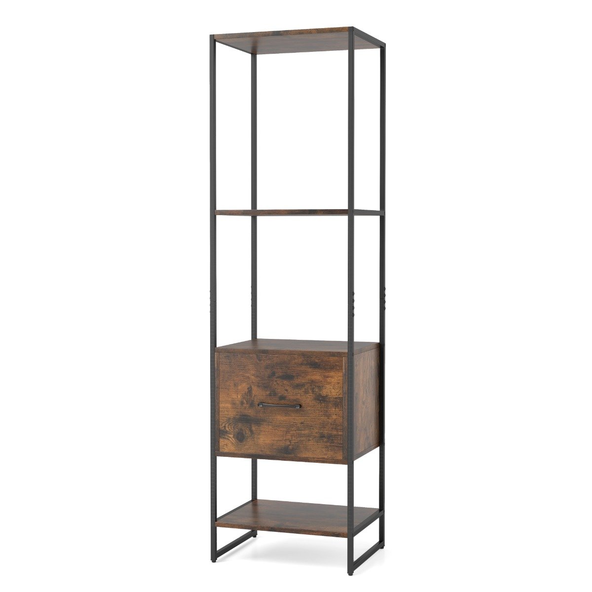 FIRICO 5-Tier Tall Narrow Bookcase Bookshelf with Drawer Shelves-Rustic Brown
