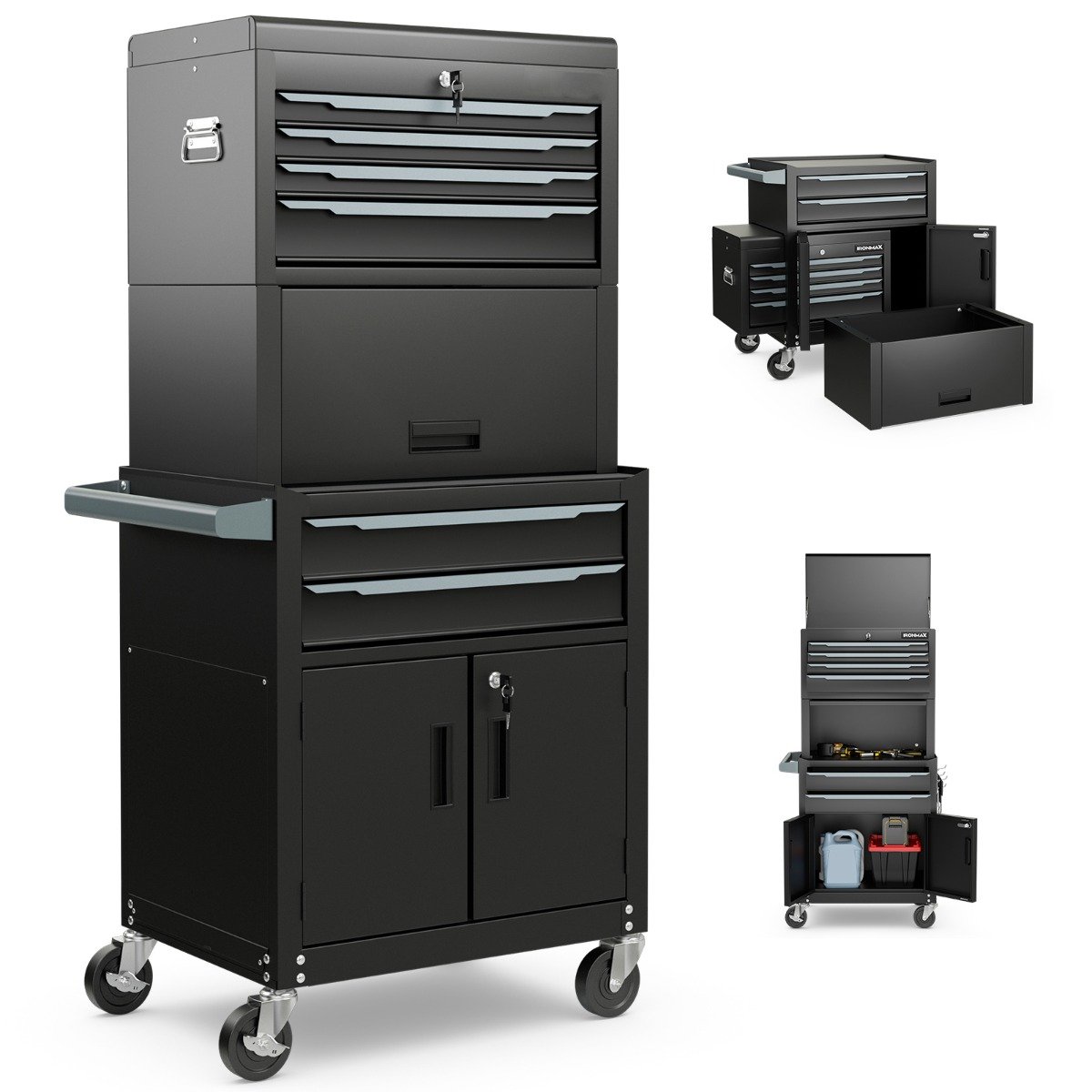 Tool Storage Rack - 6-Drawer Rolling Tool Chest with Universal Wheels and Hooks-Black-M