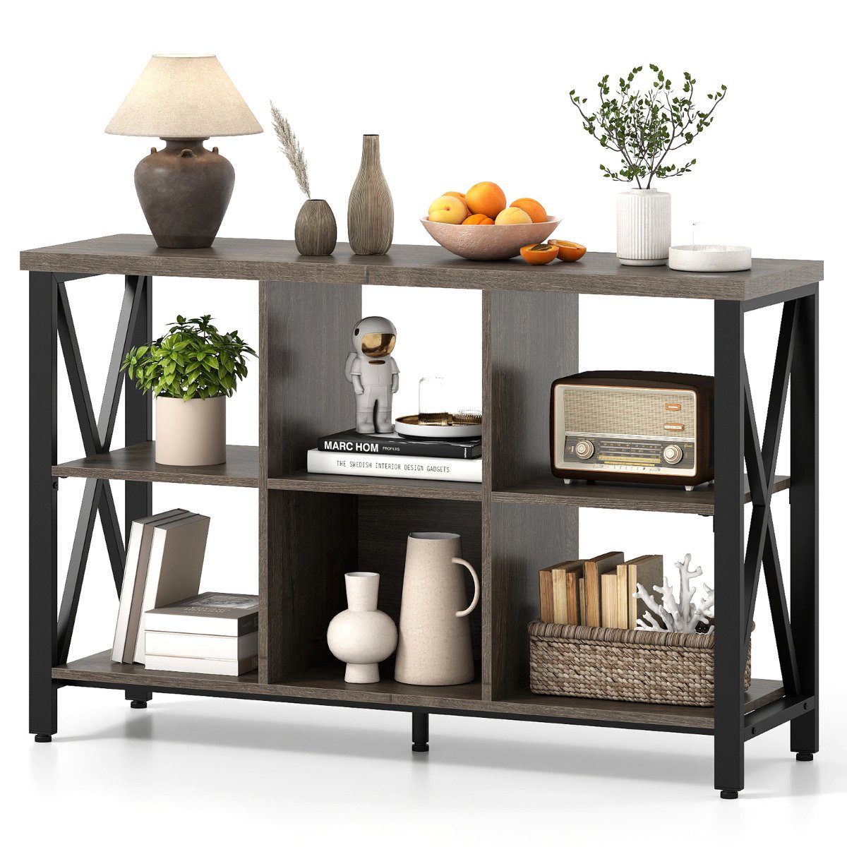 ERVANTON 6-Cube Storage Organizer 120CM Wide Bookshelf with Open Compartments-Grey