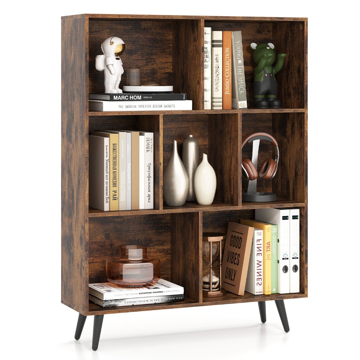 EMBERHOLLOW 7-Cube Bookcase Mid Century Modern Storage Organizer with 4 Tapered Metal Legs-Coffee