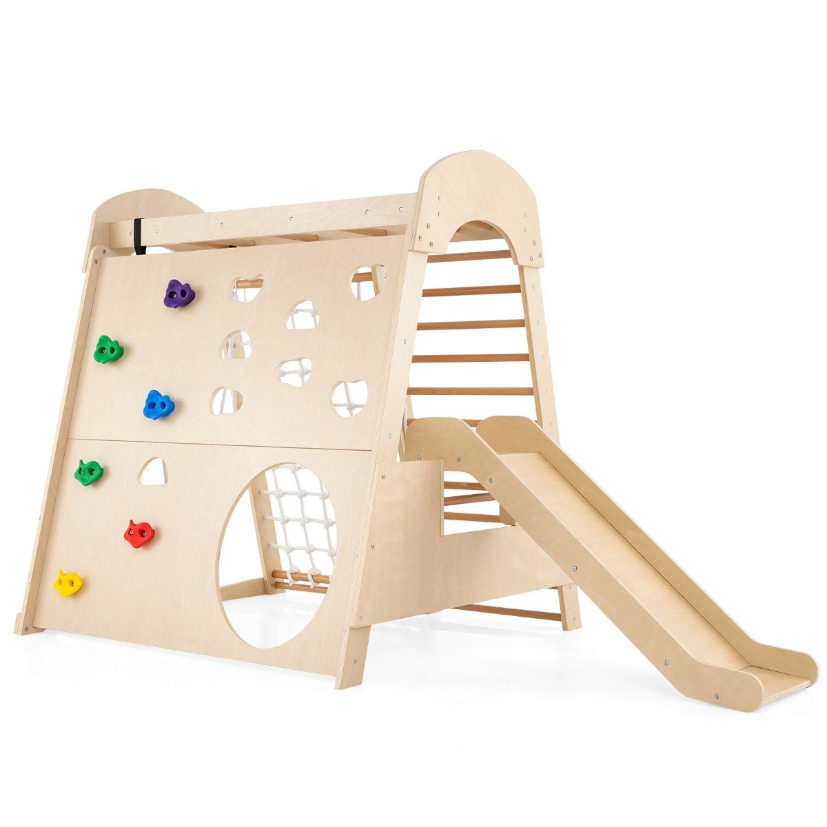 TYANLO 8-in-1 Indoor Jungle Gym Wooden Playground with Climbing Wall-Natural