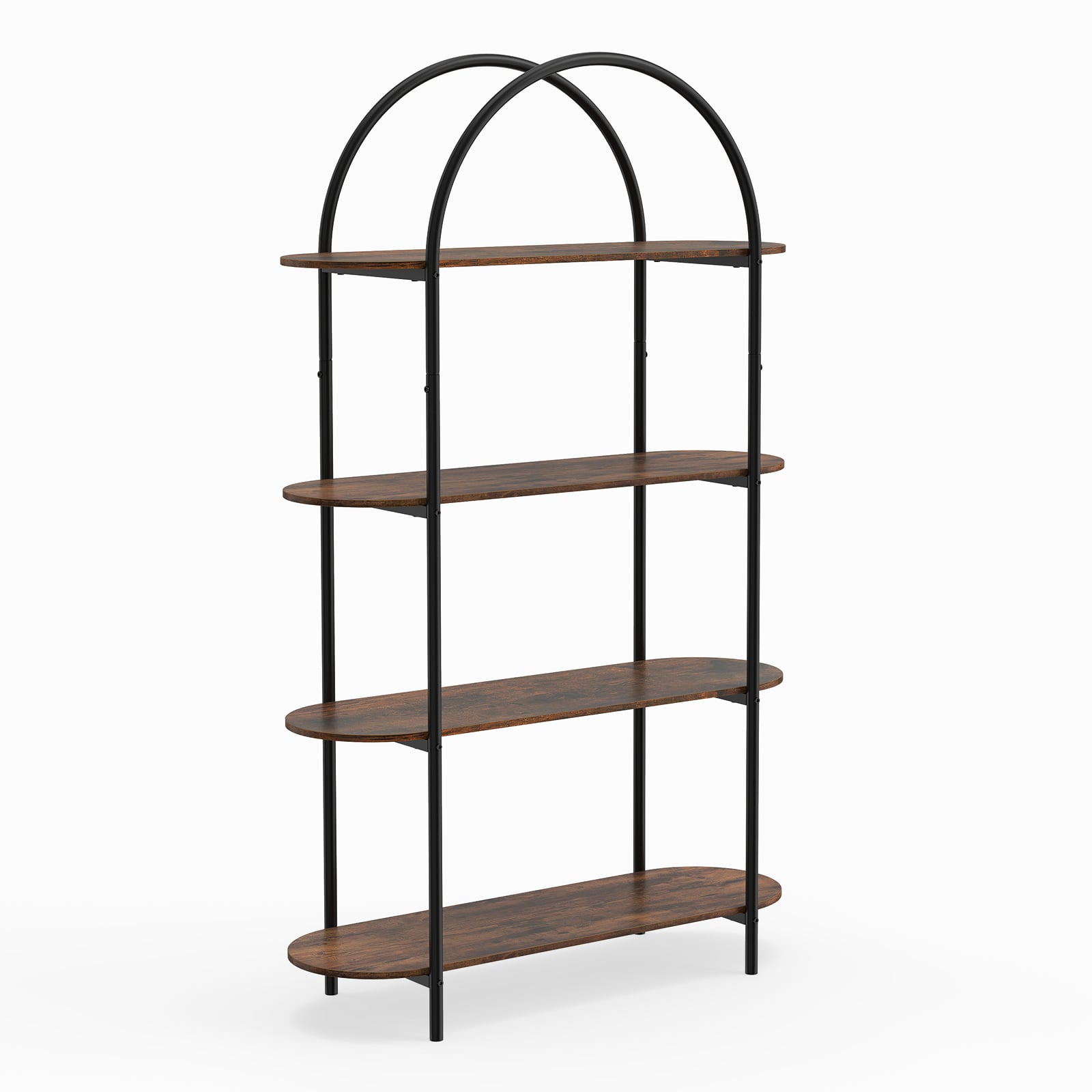 Arched Bookshelf 4-Tier Industrial Open Bookcase with Sturdy Metal Frame-Brown
