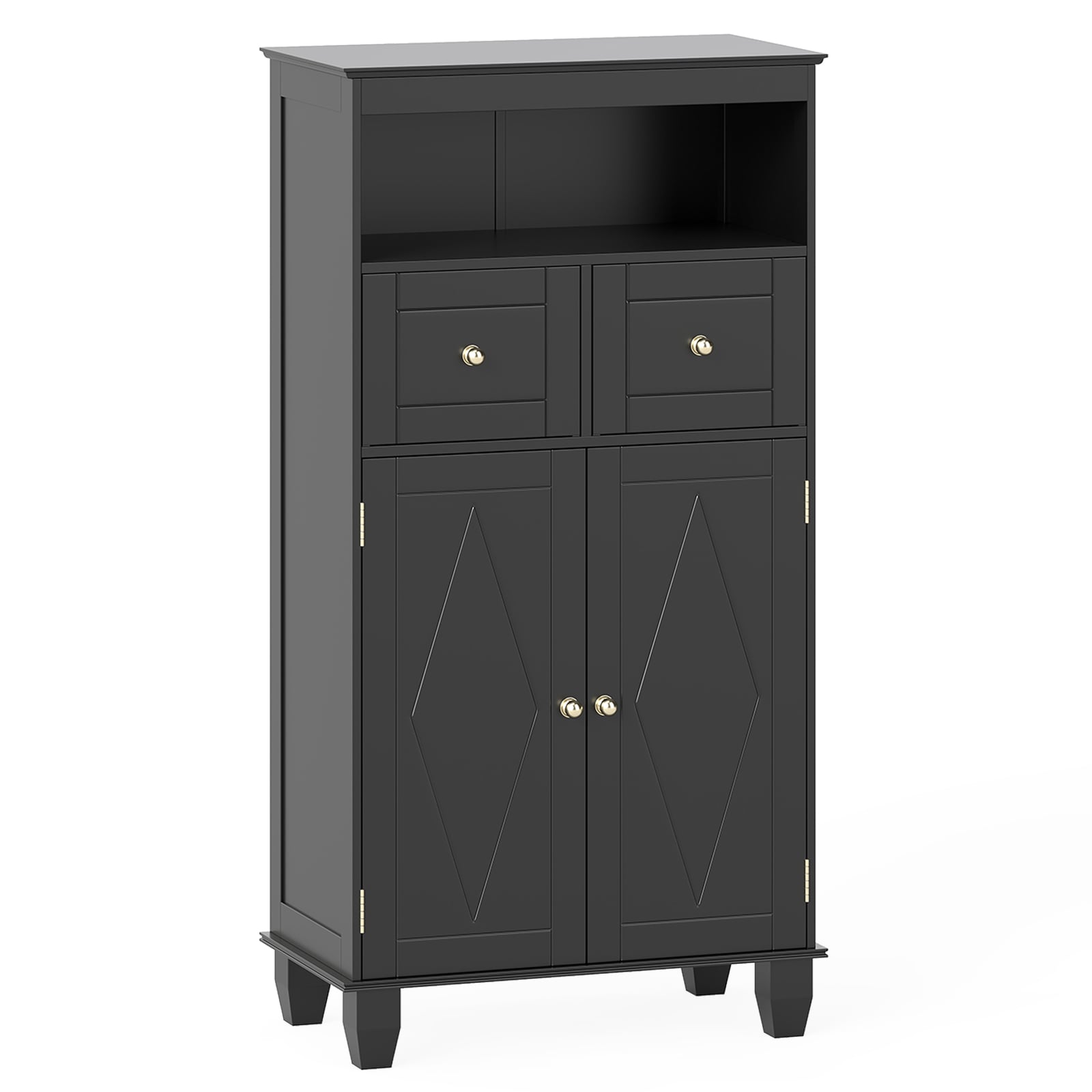 KVARO Bathroom Floor Storage Cabinet with Doors and Shelves-Black