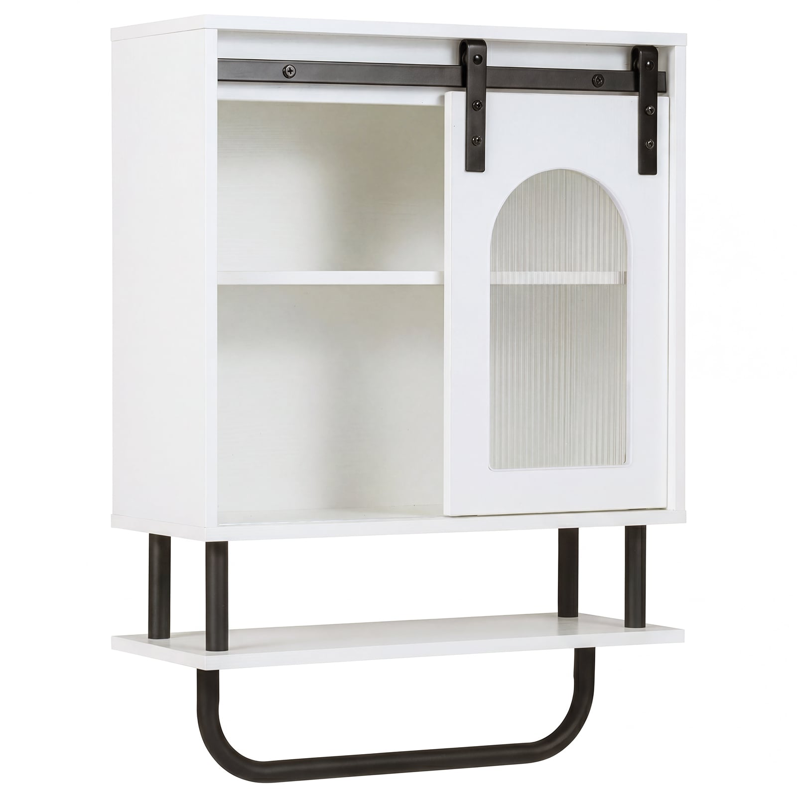 Bathroom Wall Cabinet with Sliding Barn Door and Metal Hanging Bar-White