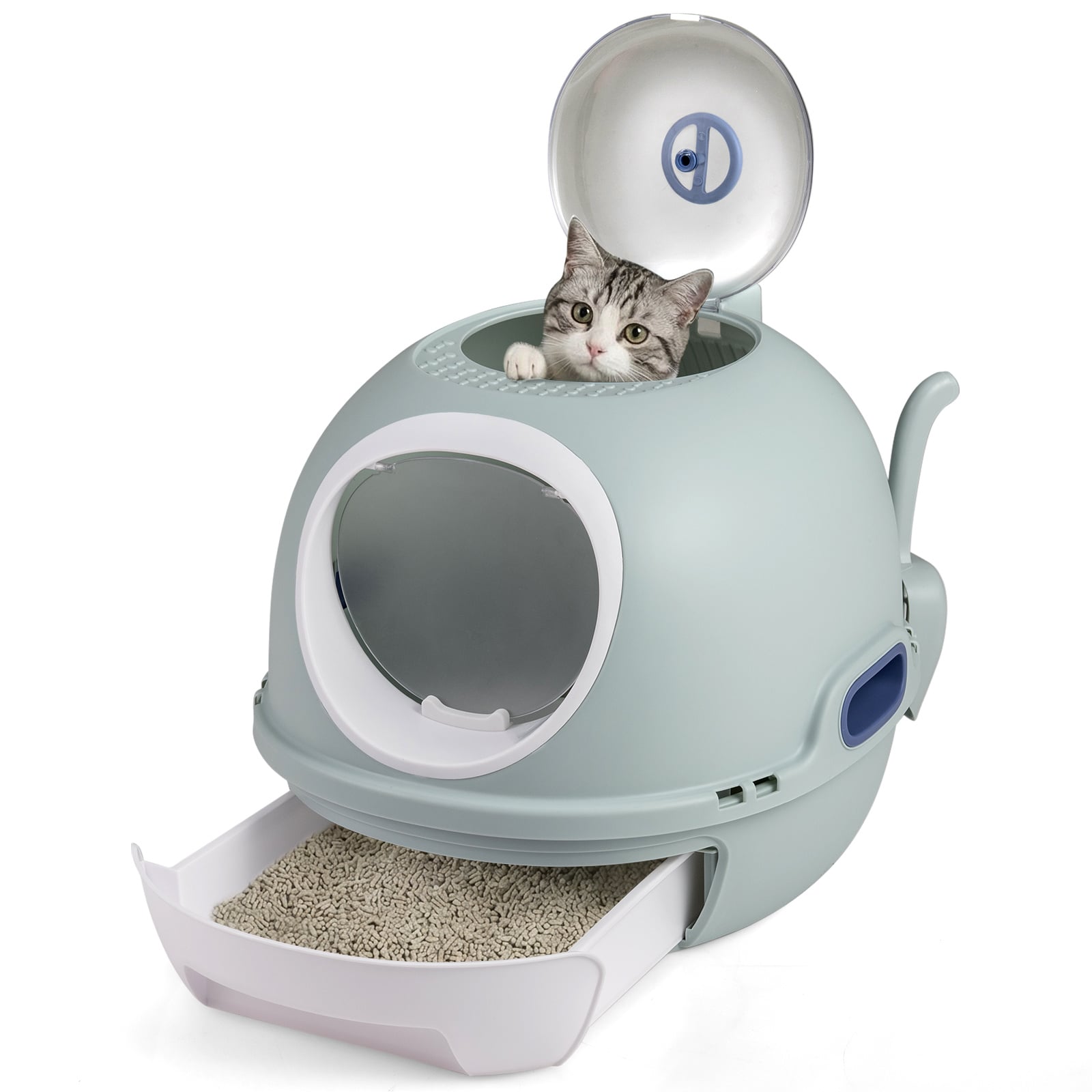 Enclosed Cat Litter Box Helicopter Style with Lid & Dual Entry-Blue