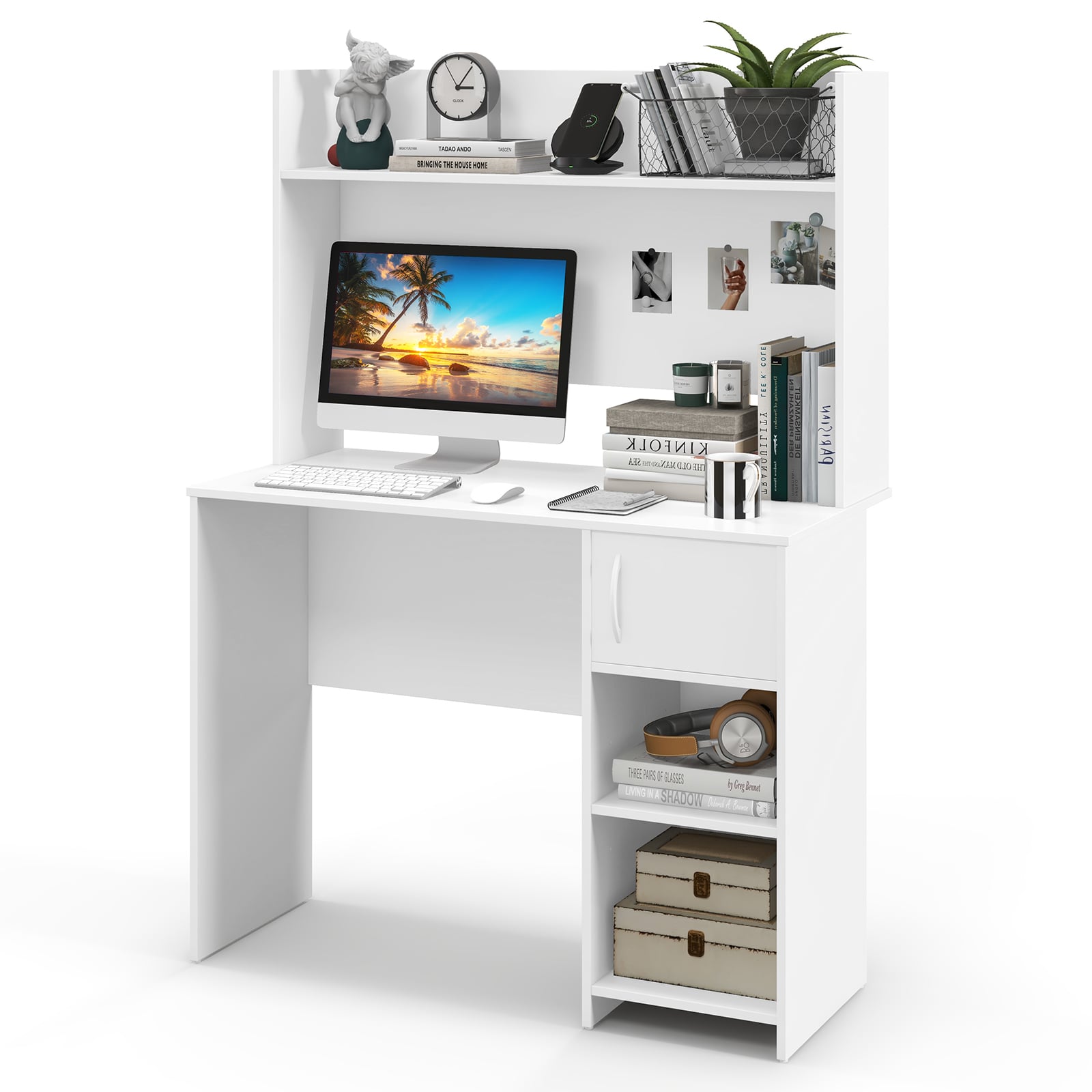 Computer Desk with Hutch and 2 Open Shelves for Home Office-White
