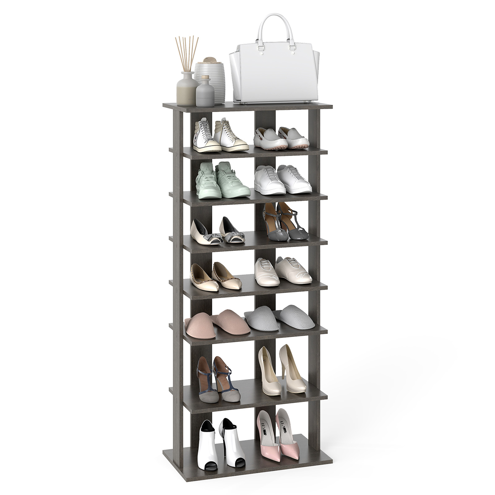 7-Shelf Wooden Vertical Double Shoe Rack Storage Organizer - Grey