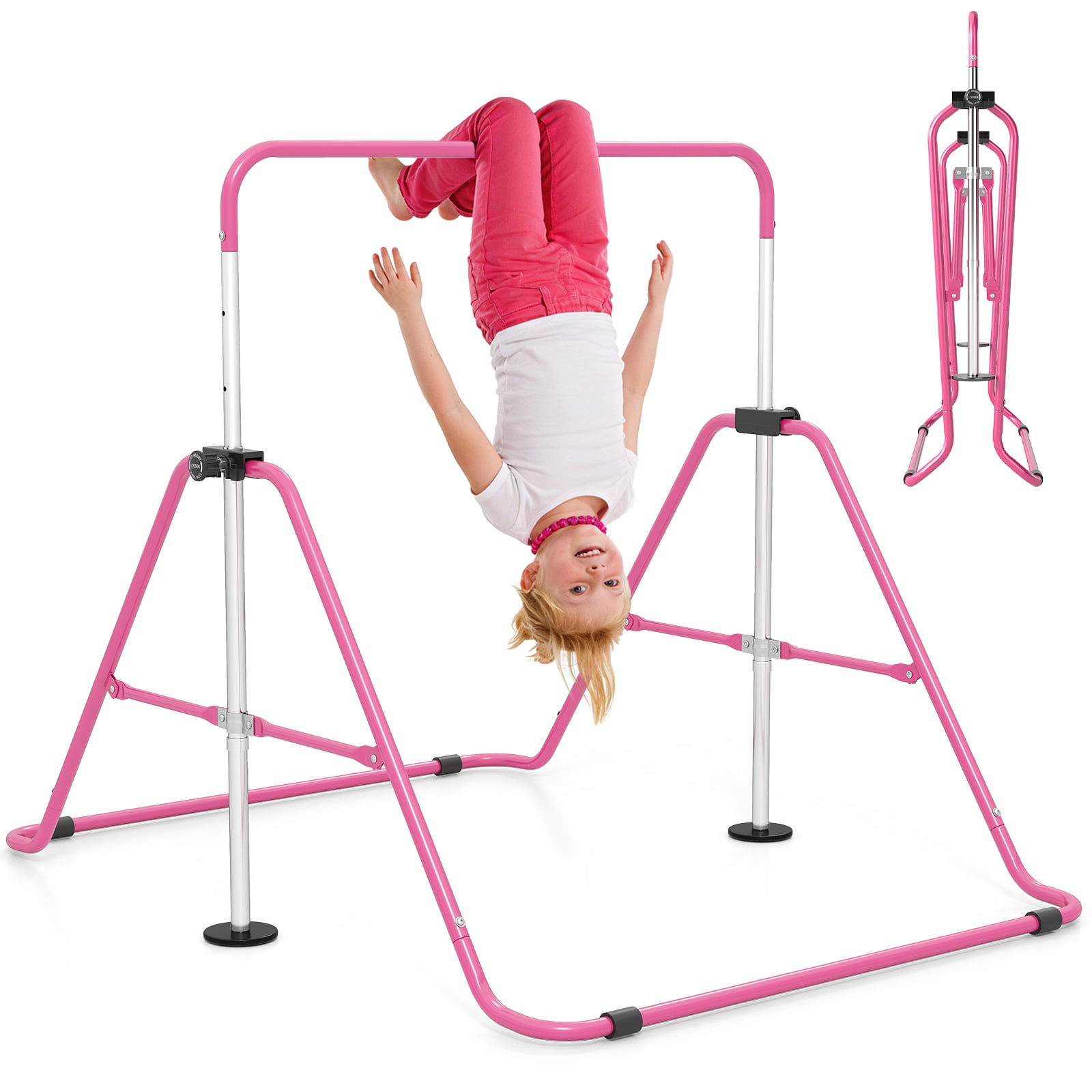 ILYON Folding Kids Gymnastics Bar Height Adjustable-Pink
