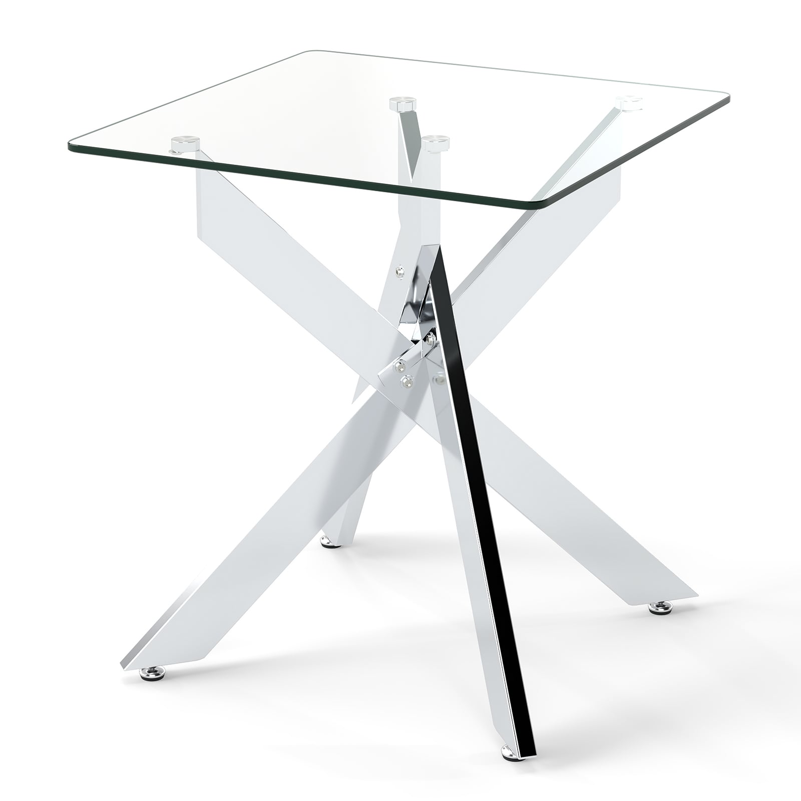 Glass Side Table with Tempered Glass Top and Metal X Base-Silver