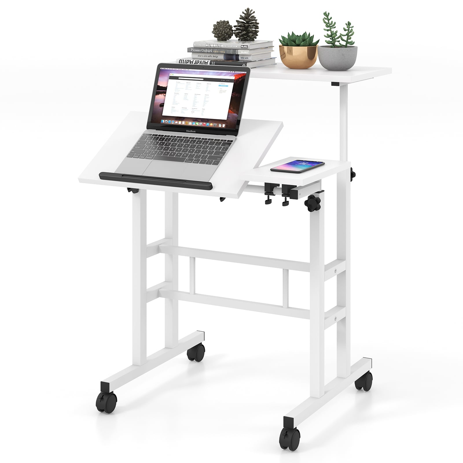 Height Adjustable Workstation with Wheels for Standing or Sitting-White