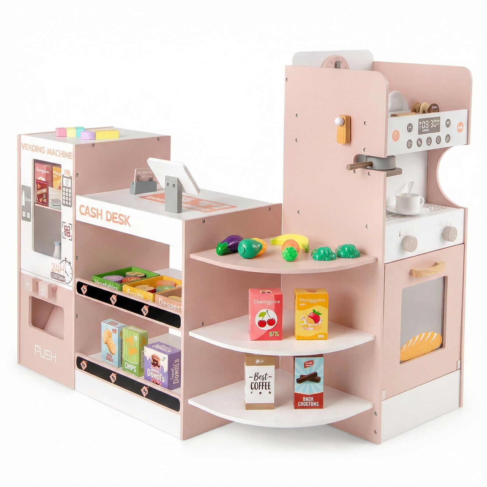 Kids Grocery Store Playset Wooden Pretend Play Supermarket-Pink