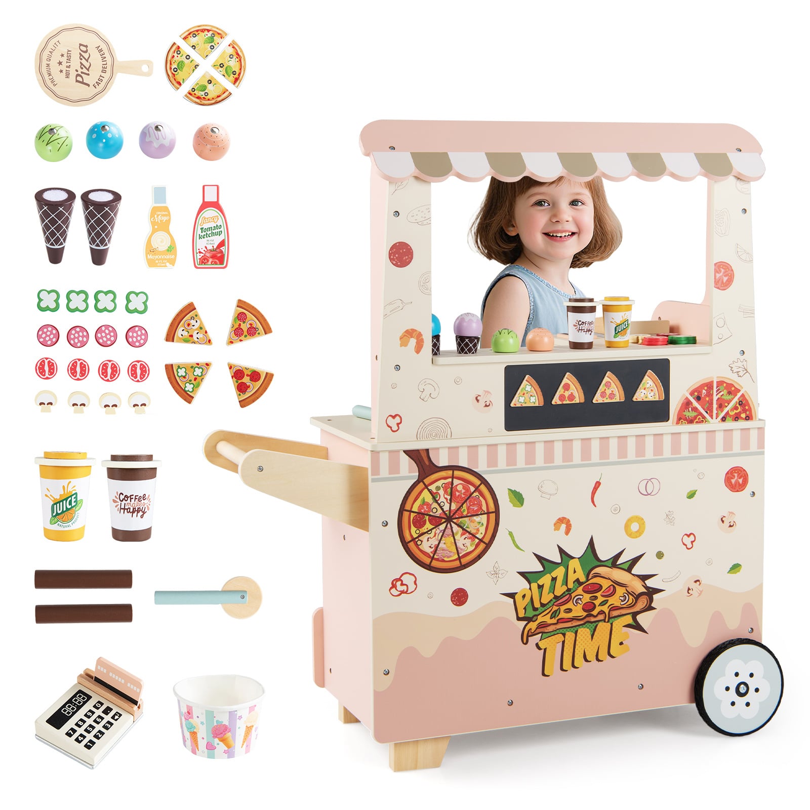 Kids Pizza Food Truck Wooden Pretend Play Snack Cart with Oven-Pink
