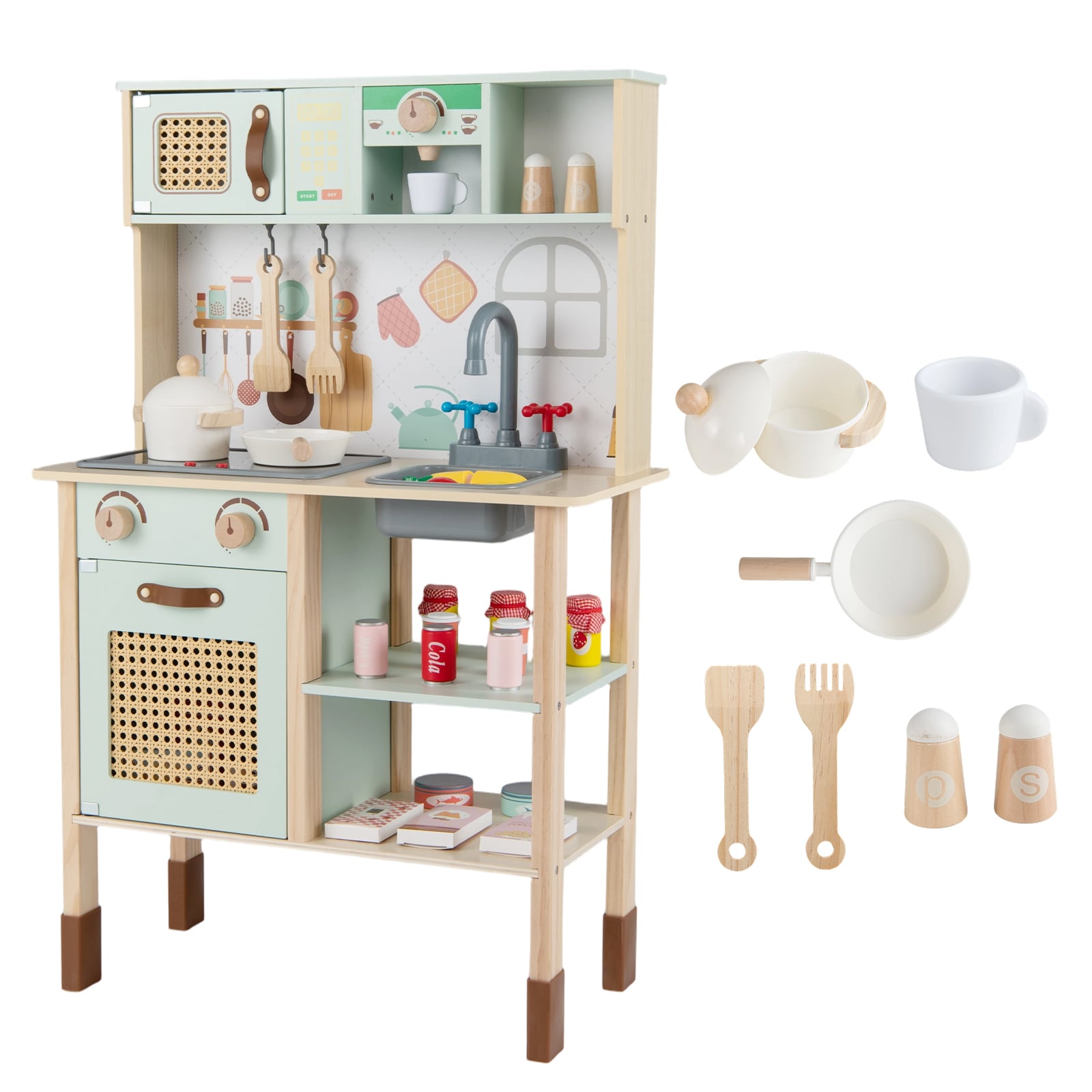 Kids Wooden Play Kitchen with Rattan Doors-Green